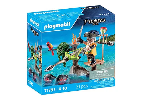 Pirate avec arbalète, flèche et poissons à viser