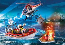 Brigade de pompiers avec bateau et hélicoptère
